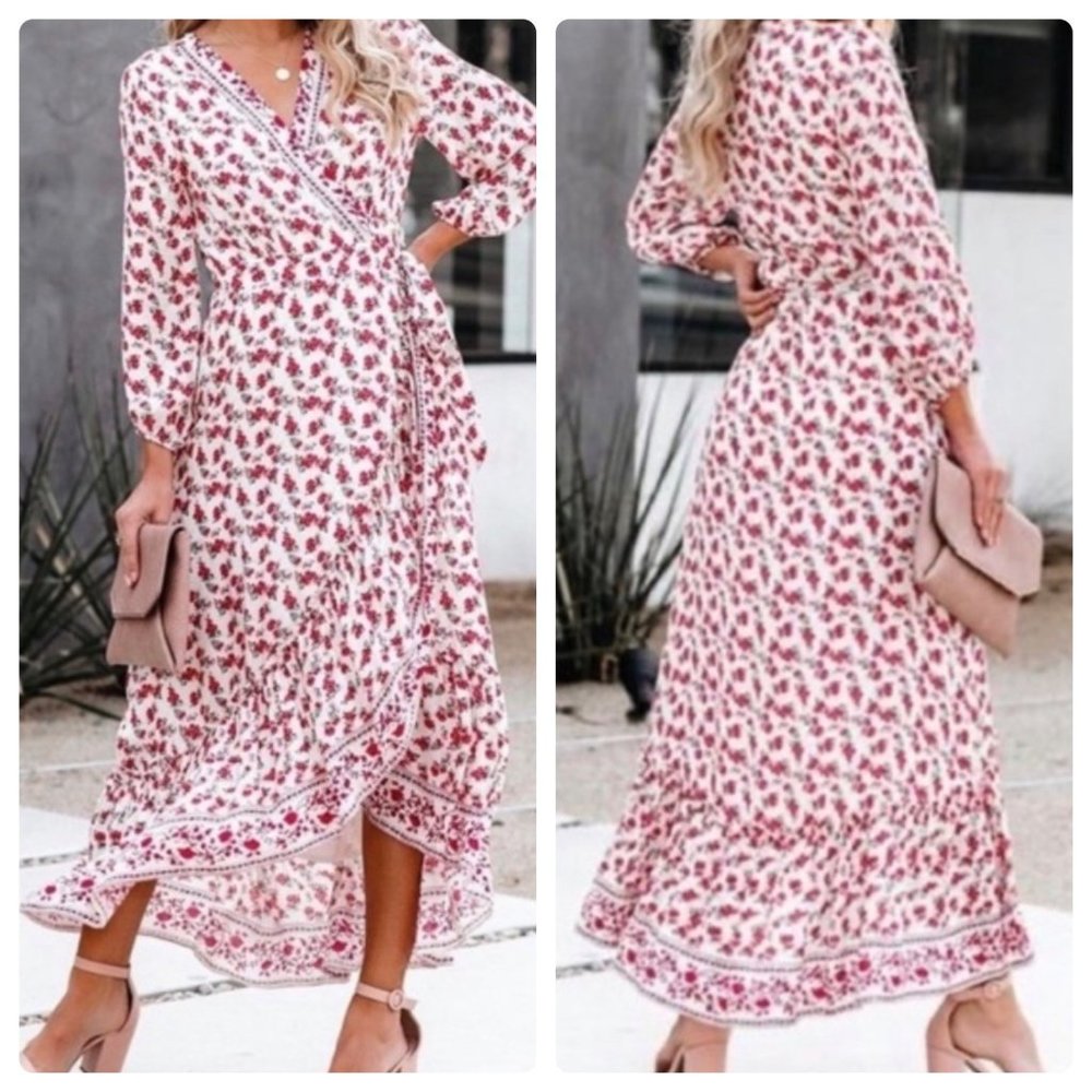 Anthropologie If By The Sea Floral V-Neck Wrap Maxi Kimono Cottagcore Dress Sz M